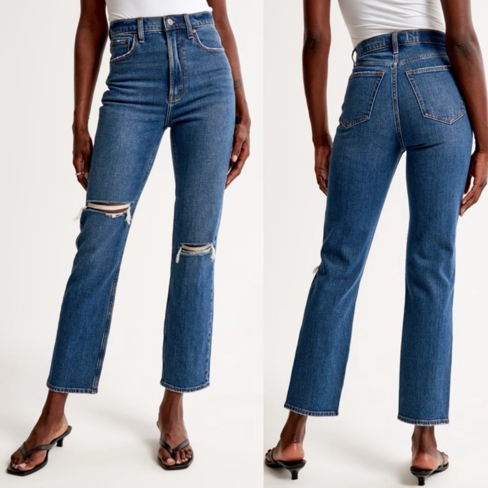 A+F Curve Love Ankle Straight Ultra High Rise Distressed Medium Wash Jeans